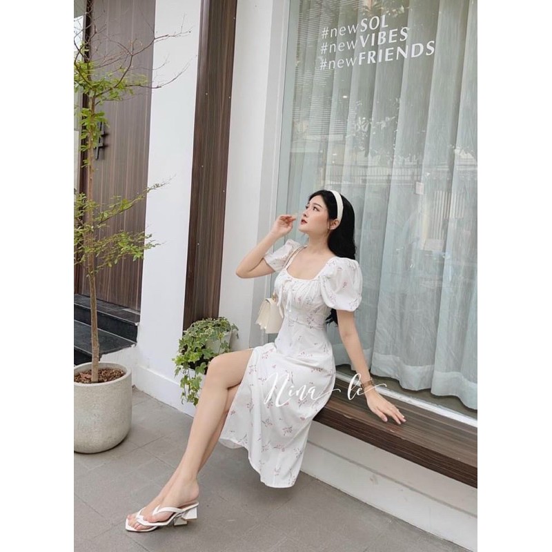 Đầm midi hoa nhí xẻ