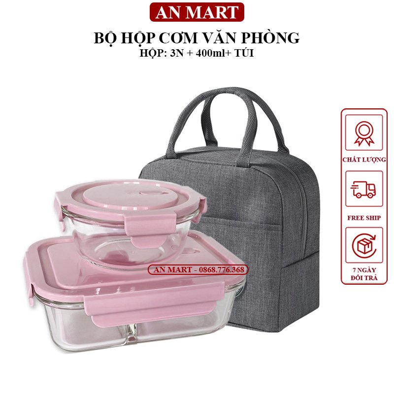 Combo Bộ Hộp Thủy Tinh Chia Ngăn - Hộp Đựng Cơm Văn Phòng Chịu Nhiệt Dùng Được Cho Lò Vi Sóng (Hộp Cơm + Hộp Canh + Túi)