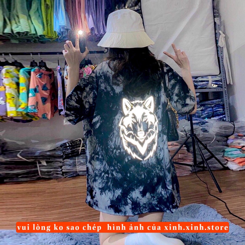Áo thun loang màu From rộng Tay lỡ Unisex phản quang hình sói cực ngầu | BigBuy360 - bigbuy360.vn