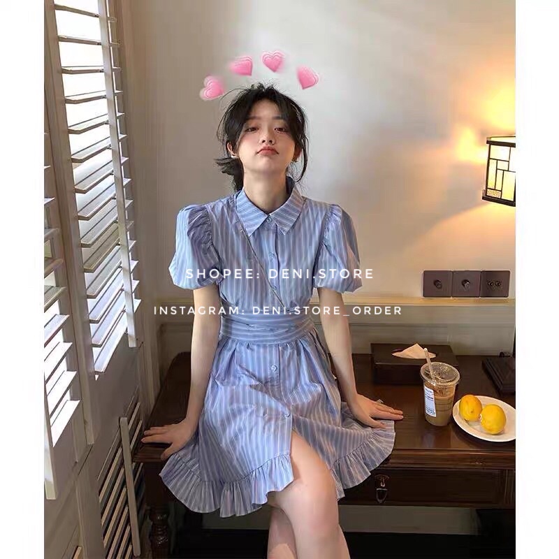 Váy polo tay bồng, thắt eo kẻ xanh Retro siêu xinh 💙💙