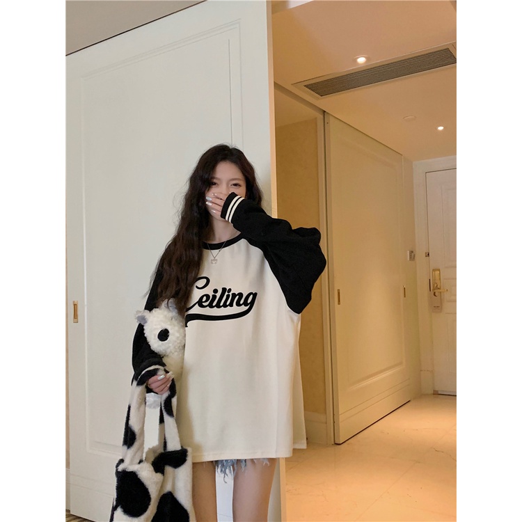 Áo Sweater Cổ Tròn Tay Dài Dáng Rộng In Chữ Kiểu Retro Mỹ Thời Trang Cho Bạn Gái