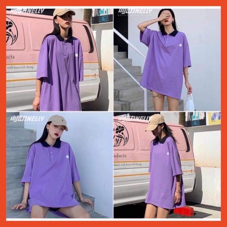 Áo thun polo màu tím hoa nhí trắng nữ - Phông tay ngắn phối cổ đen form rộng oversize Ulzzang HOT *