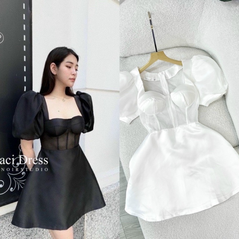 Đầm váy tafta phối tơ eo ngắn xoè tay bồng/phồng có mút cúp ngực hở ngực thời trang nữ tiểu thư đi dự tiệc trắng đen