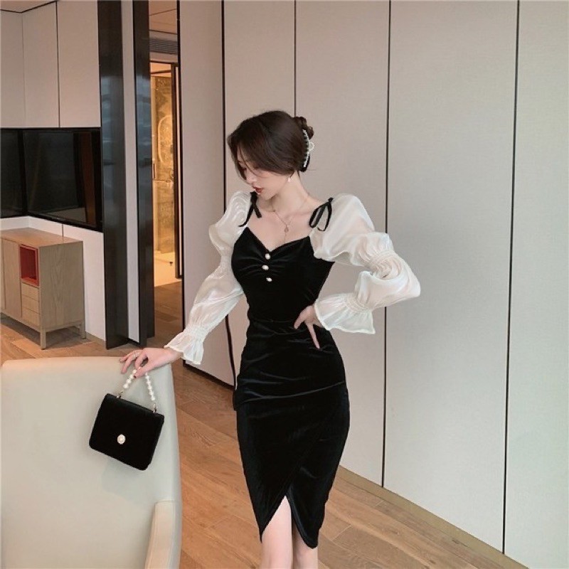 Đầm nhung phối tay voan koreastyle