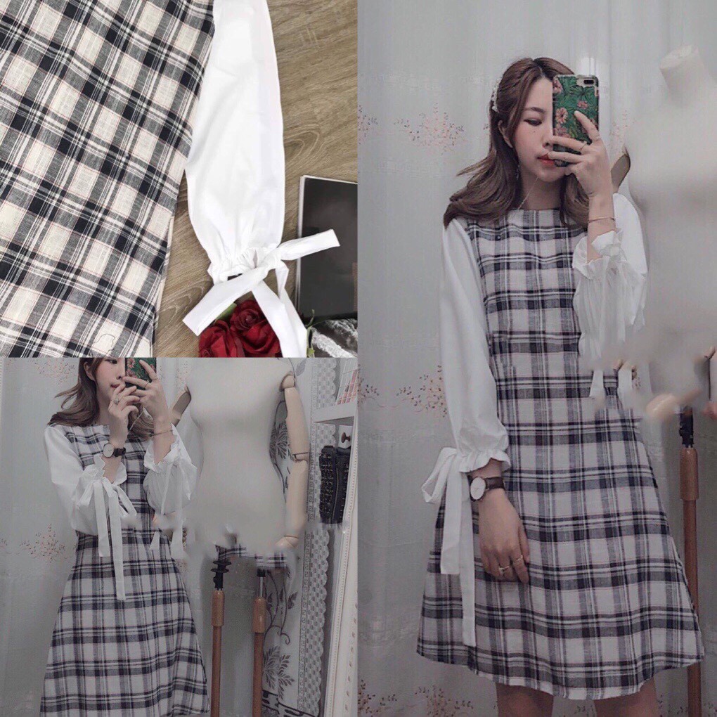ĐẦM CARO XOÈ PHỐI TAY TRẮNG