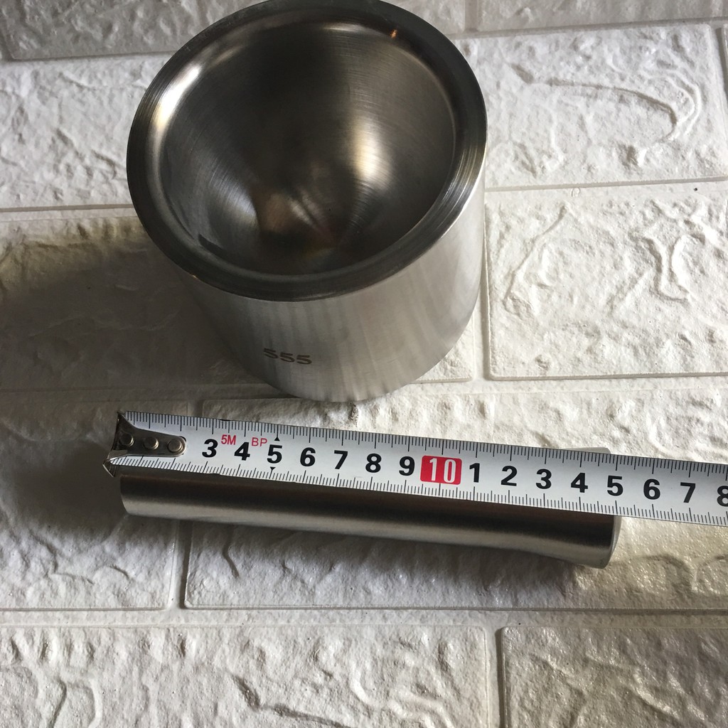 Bộ Cối, chày Inox 304. Nặng 1.3kg. Dung tích 450ml. chày dài 15cm. lòng cối cao 6cm. chiều cao của cối 9cm