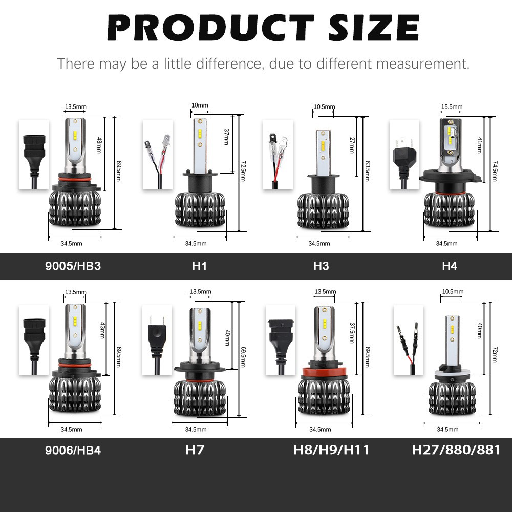 UNI-SHINE Bộ 2 Đèn pha LED H4 H7 H1 H3 H27 9005 9006 HB3 HB4 H11 LED 12V cho xe hơi