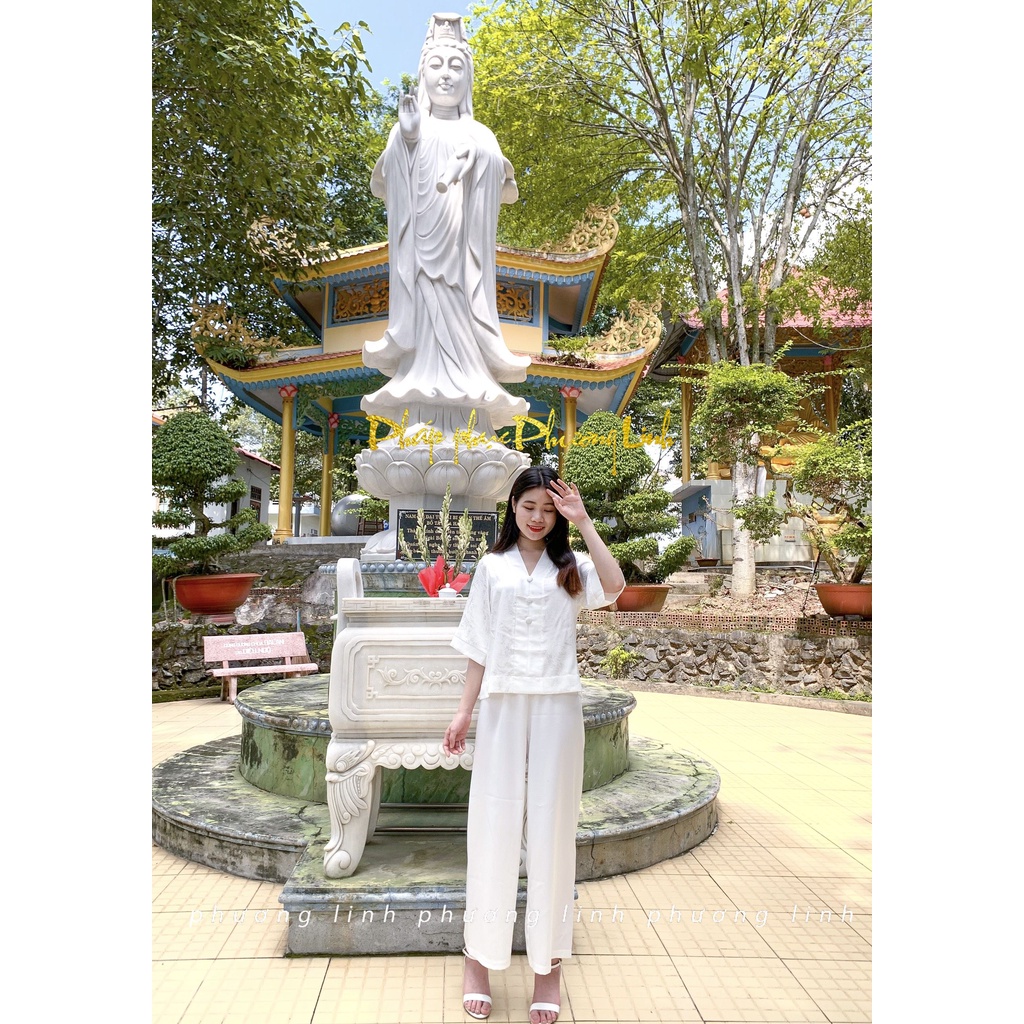 Bộ Pháp Phục Đi Chùa Cao Cấp Chất Liệu Lụa Vân Gỗ Trắng Tinh Khôi - Bộ Đồ Lam Đi Chùa Loại 1 Mã TC0019