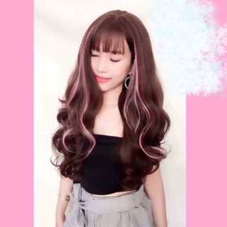 Tóc giả xoăn dài line hồng