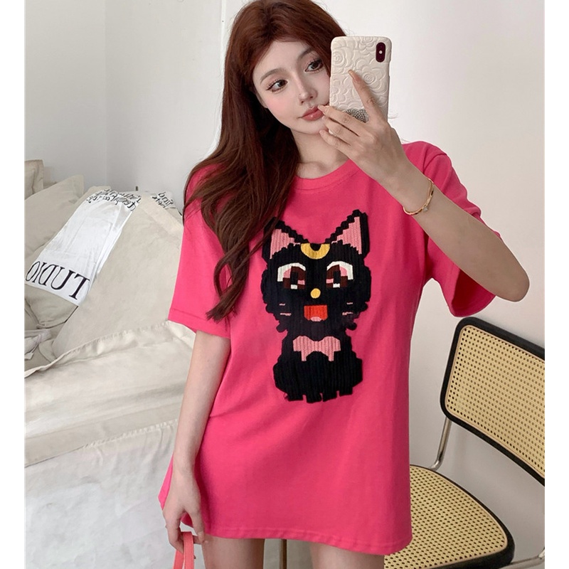 Áo Thun Tay Ngắn Dáng Rộng Thêu Họa Tiết Hoạt Hình Dễ Thương