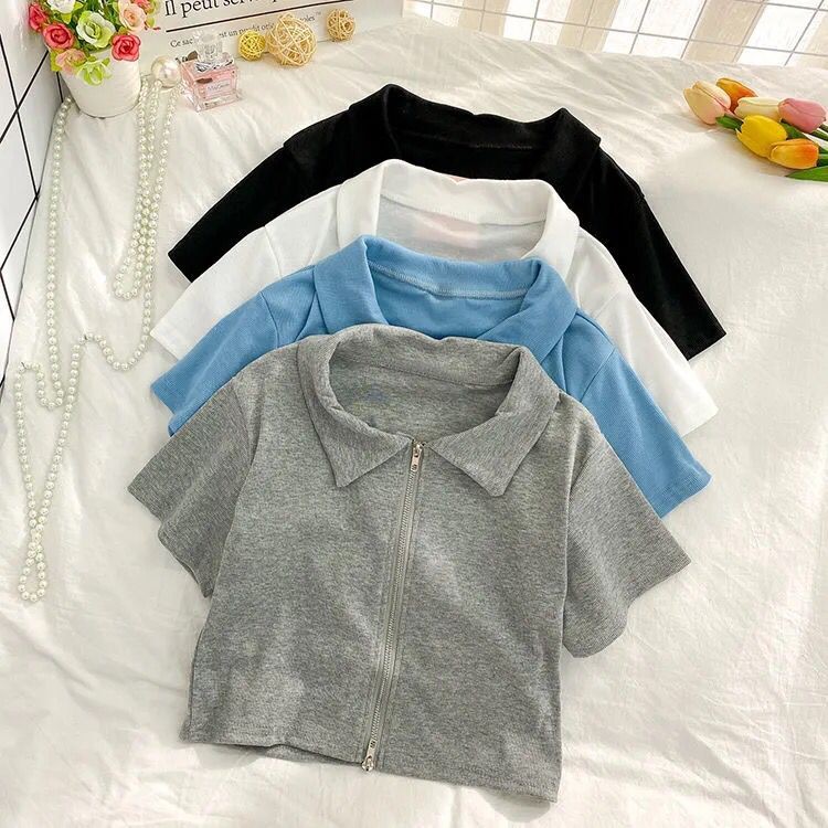 Áo thun cổ Polo ngắn tay khóa kéo thời trang nữ | BigBuy360 - bigbuy360.vn
