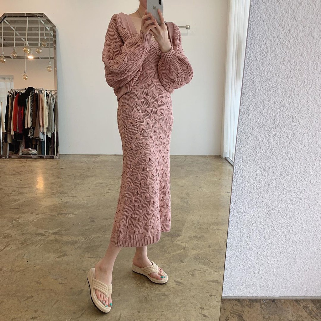 Set Áo Khoác Cardigan Dệt Kim Tay Phồng + Đầm Sweater Phong Cách Hàn Quốc | BigBuy360 - bigbuy360.vn