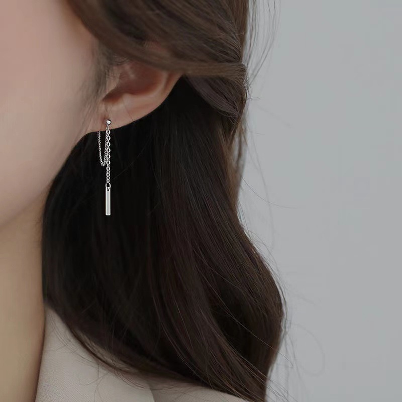 Bông tai, Khuyên tai nữ bạc 925 cao cấp thanh thẳng dáng dài xinh xắn, dễ thương, cực sang
