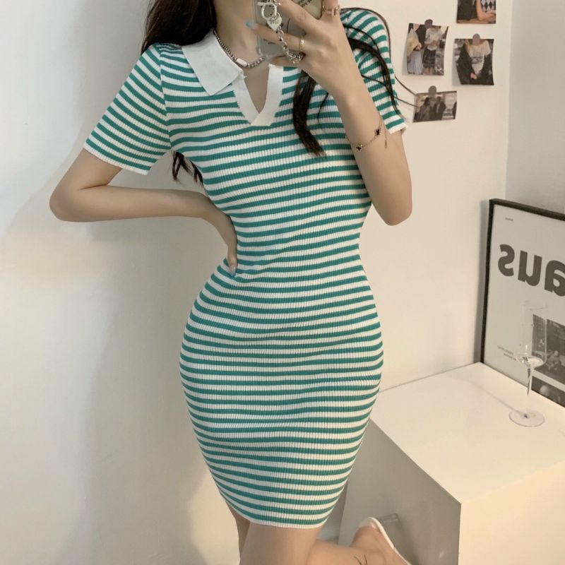 đầm body tay con sọc kẻ