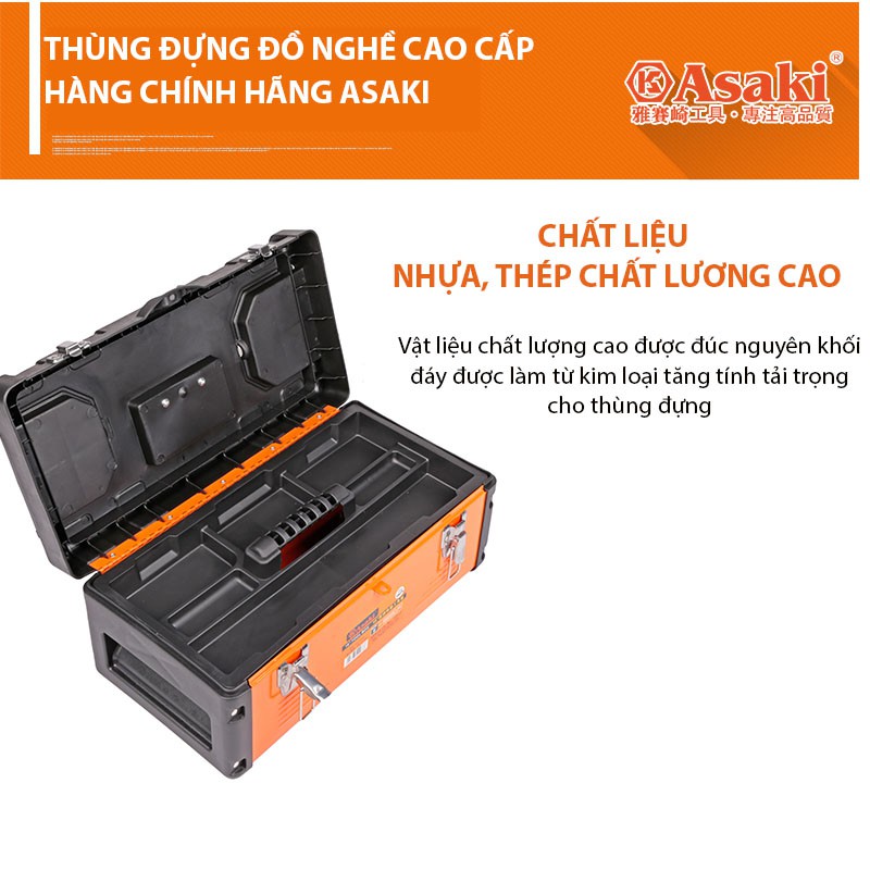 Thùng đựng đồ nghề đế sắt cao cấp chính hãng Asaki siêu bền, 2 ngăn khóa kim loại