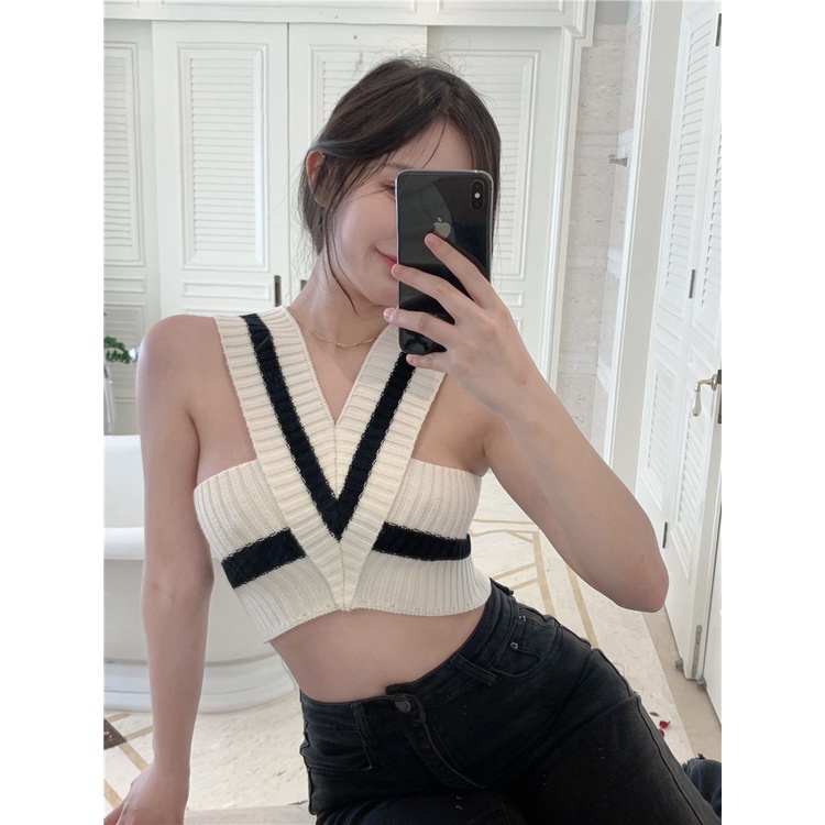 QADCOL Áo Croptop Dệt Kim In Hoa Xinh Xắn Dành Cho Nữ