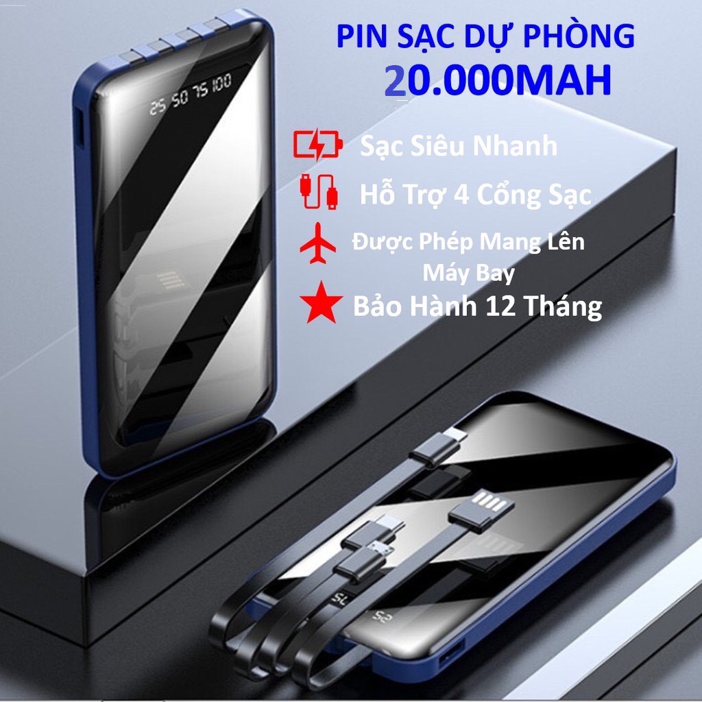 Sạc dự phòng YM276S 20.000mAh, Tích hợp 3 cáp sạc Micro, Lingtning, TypeC, 1 cáp USB