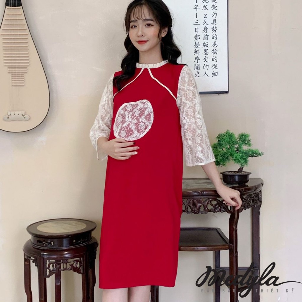 MEDYLA - Váy bầu cách tân lụa sạn phối ren cho mẹ bầu diện tết - VS464