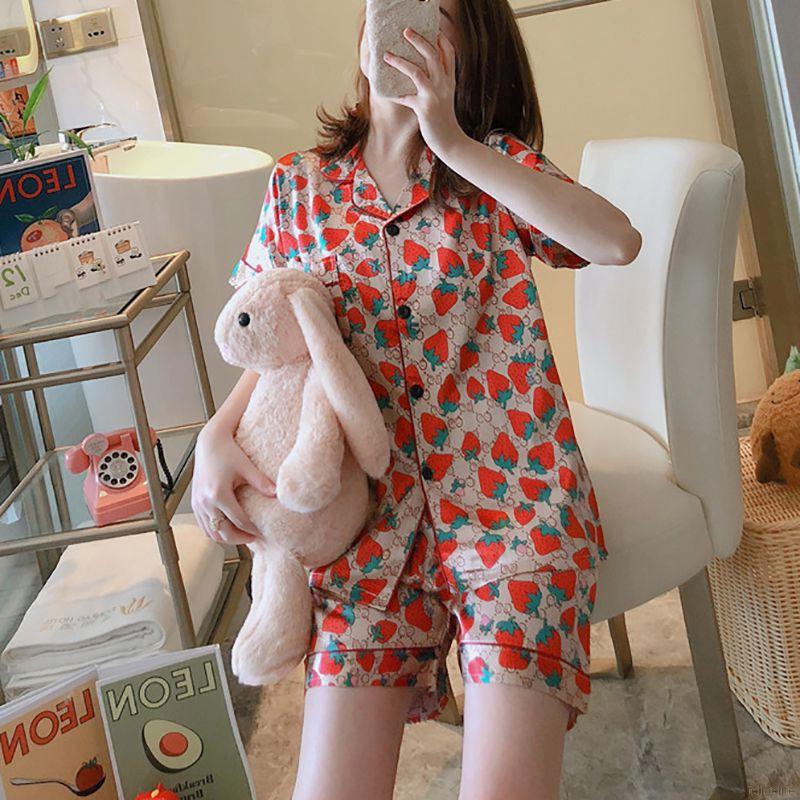 Bộ Đồ Ngủ Ngắn Tay In Họa Tiết Dâu Tây Xinh Xắn Dành Cho Nữ