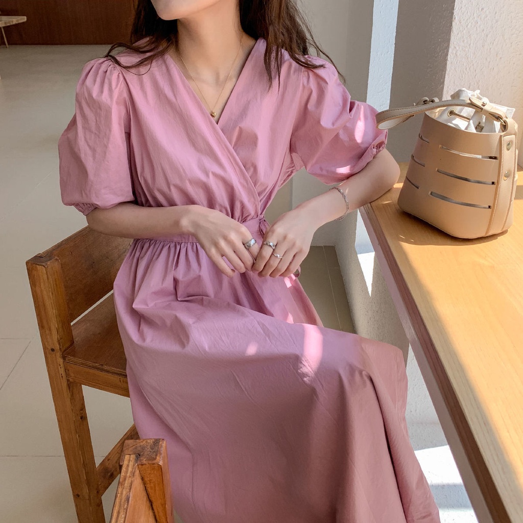 Đầm midi chữ A tay ngắn màu trơn phong cách Hàn Quốc thời trang cho nữ