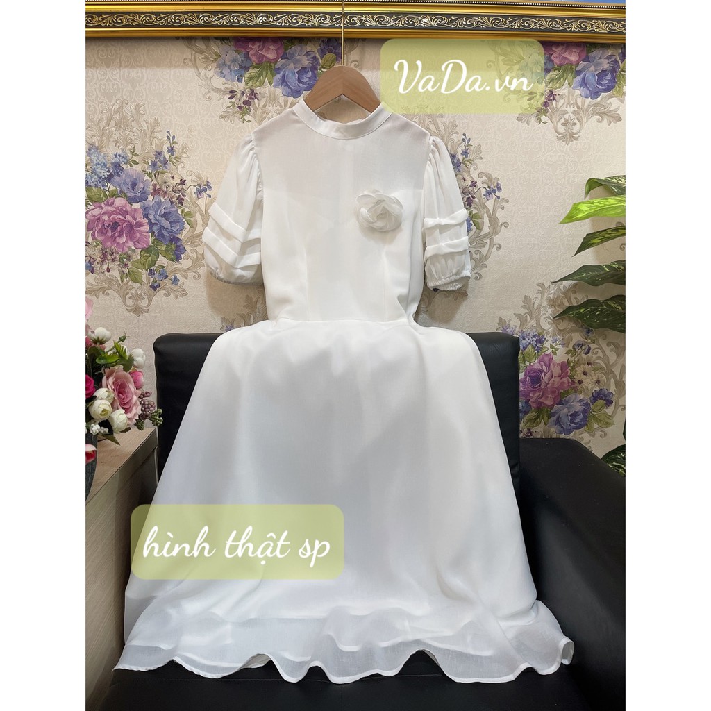 Đầm tiểu thư công chúa màu trắng phối nơ tay xếp bo mặc đi dự tiệc, đi chơi dễ thương duyên dáng VADA.vn – (Đ143) | BigBuy360 - bigbuy360.vn