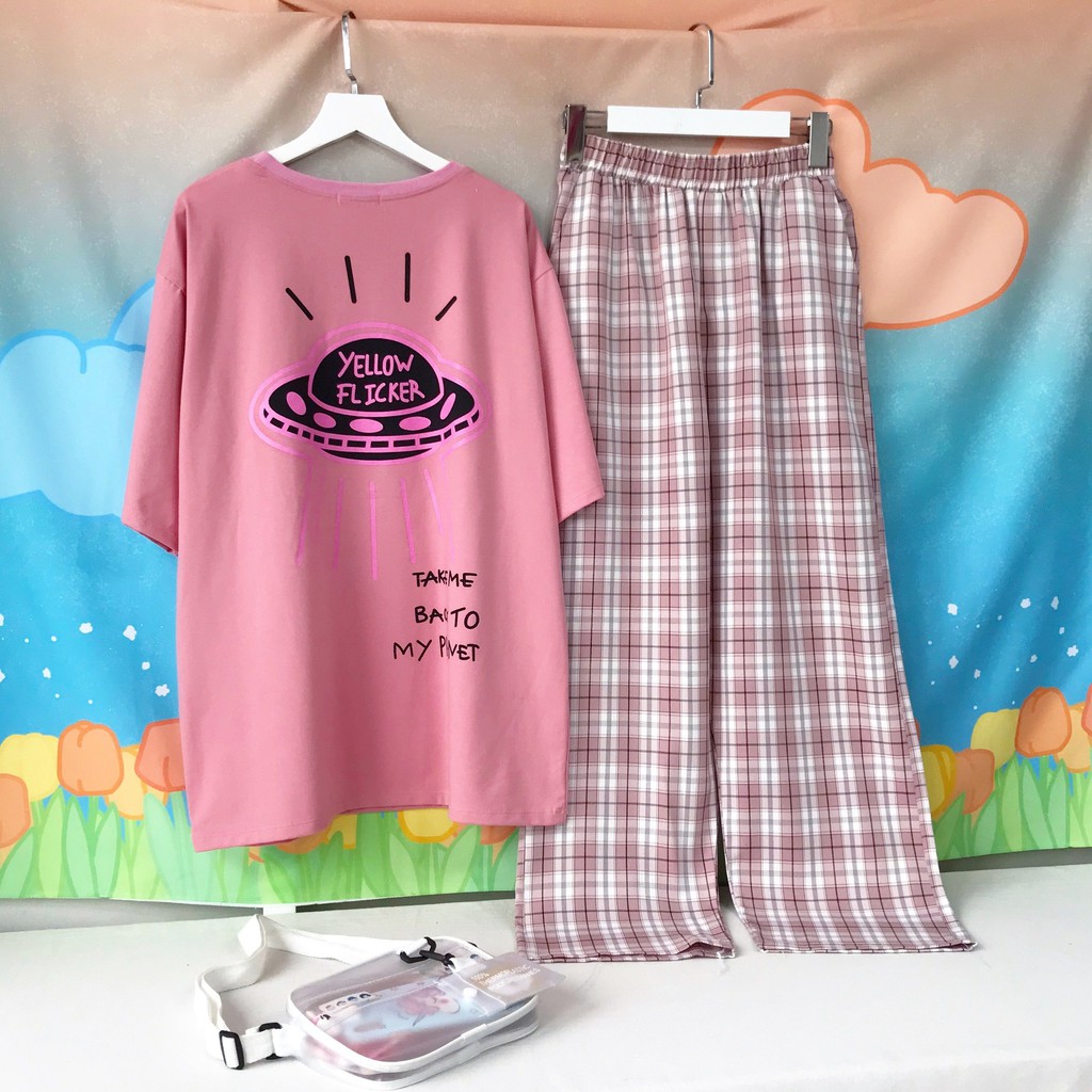 Combo bộ áo phông form rộng + quần caro form suông unisex