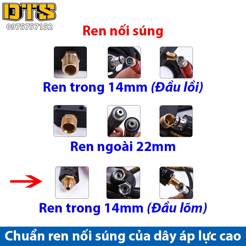 20m Dây rửa xe cao áp cho máy xịt rửa áp lực-Ren trong 14mm_Đầu lõm