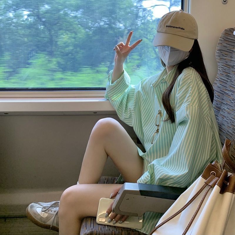 Áo Sơ Mi Dáng Rộng Cổ Bẻ Họa Tiết Kẻ Sọc Thời Trang Mùa Hè Xinh Xắn Cho Nữ