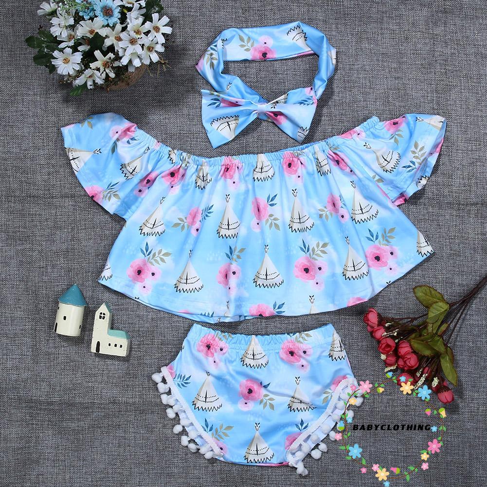 Set Áo Croptop Trễ Vai Và Quần Short Kèm Băng Đô Đáng Yêu Cho Bé Gái