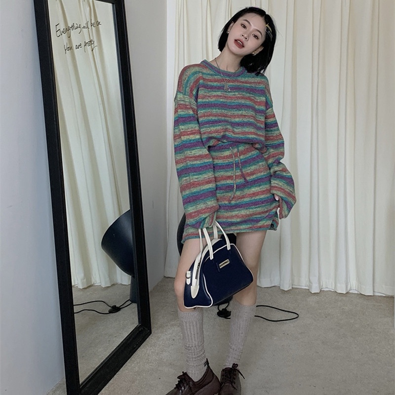 Set Áo Len Tay Dài Kẻ Sọc Phối Chân Váy Rút Dây Thời Trang Cho Nữ