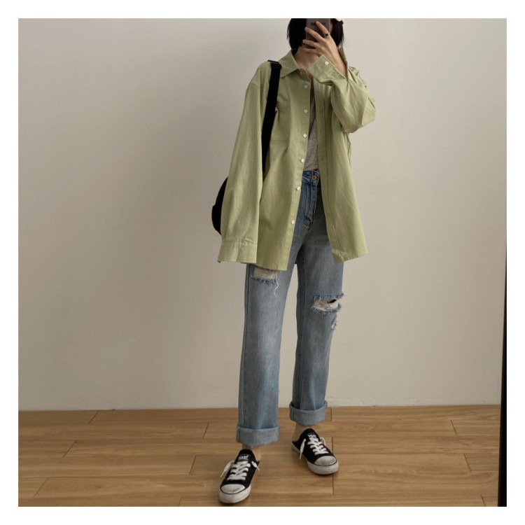 Áo Sơ Mi Nữ Tay Dài Dáng Rộng Cổ Polo Phong Cách Hàn Quốc Thời Trang