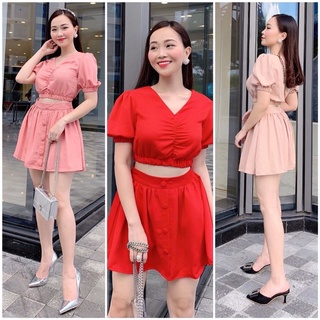 Quần váy bọc nút + áo crop bo chun