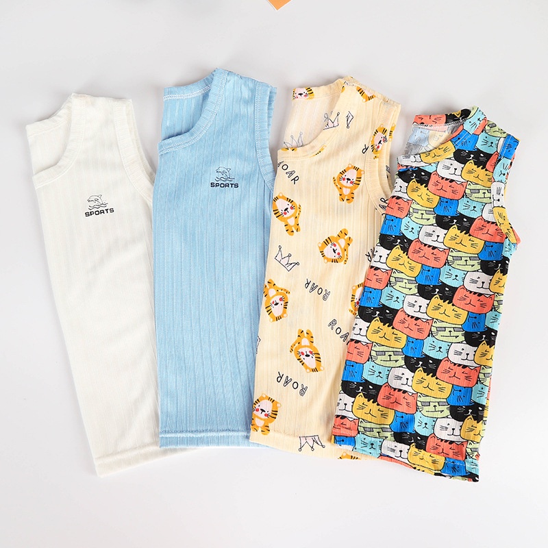 Áo Thun Sát Nách Cổ Tròn Bằng Lụa Lạnh Thoáng Khí In Họa Tiết Hoạt Hình Phong Cách Hàn Quốc Cho Bé 90-150cm