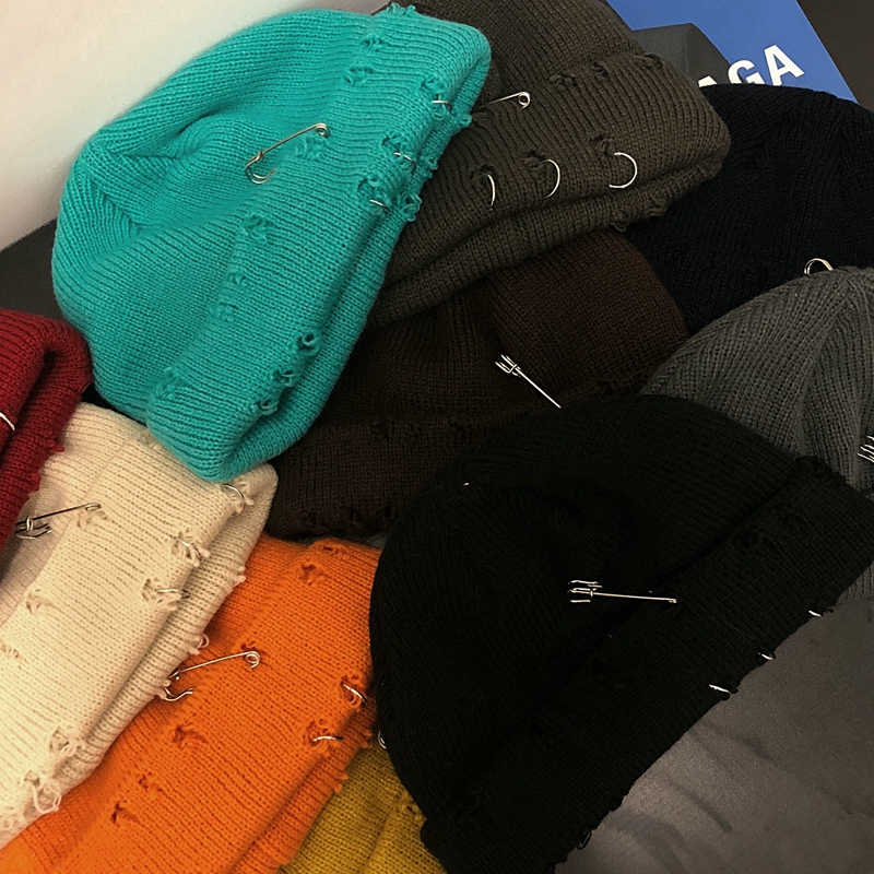 Mũ len cài ghim phối rách phong cách hip hop Hàn Quốc thu đông cho nam nữ mùa thu đông 22121