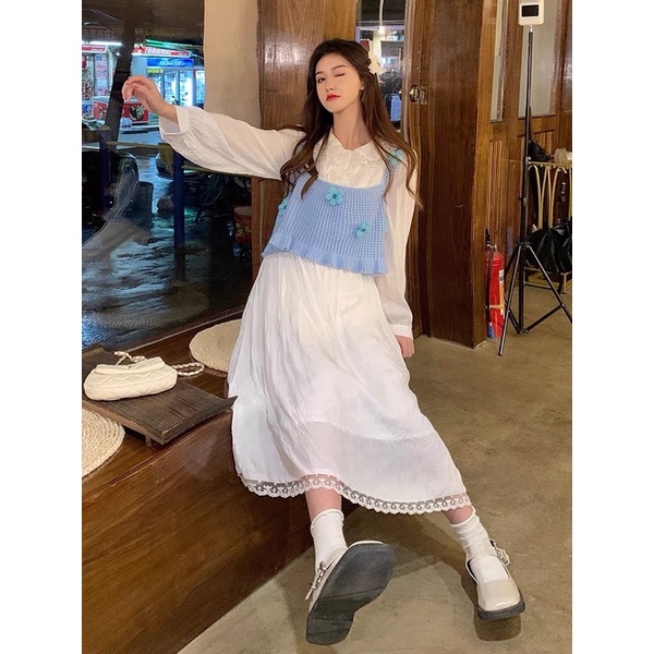 Set áo len đính hoa + Đầm trắng sơmi tay dài