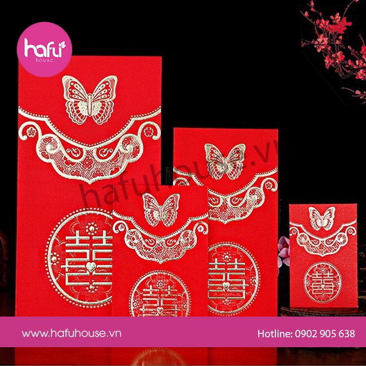 COMBO 10 BAO LÌ XÌ BƯNG QUẢ ĐÁM CƯỚI CHỮ SONG HỶ BƯỚM DẬP NỔI M38 HAFU HOUSE