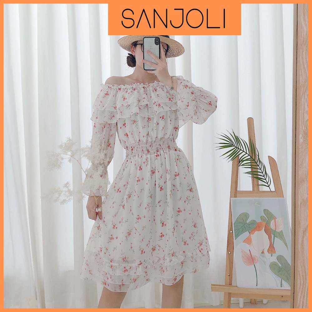 Váy Hoa Nhí SANJOLI Đầm Tết Voan Trễ Vai Tiểu Thư Dài Tay Phồng Vintage Bigsize Phù Hợp Đi Dự Tiệc Đi Chơi VDE08