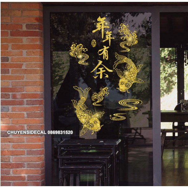 Decal trang trí tường Tết - Cá Chép Nhũ kim tuyến vàng
