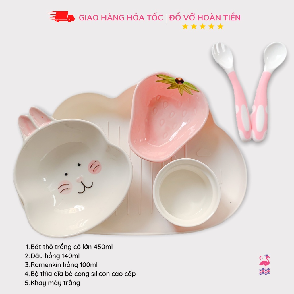 Bộ Bát Ăn Dặm Cho Bé Gốm Sứ Kiểu Nhật Từ 9 Tháng Ấm Gift &amp; Decor Gồm Khay PP5, Bát Lớn 400ml, Thìa Dĩa Bẻ Cong Silicon