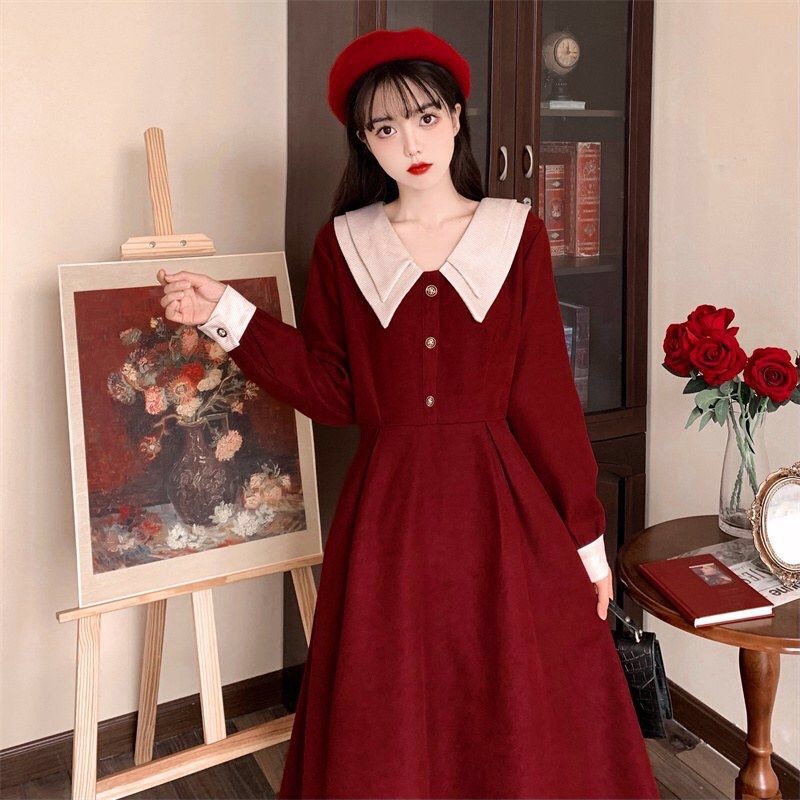 VÁY NHUNG TĂM CỔ SƠ MI