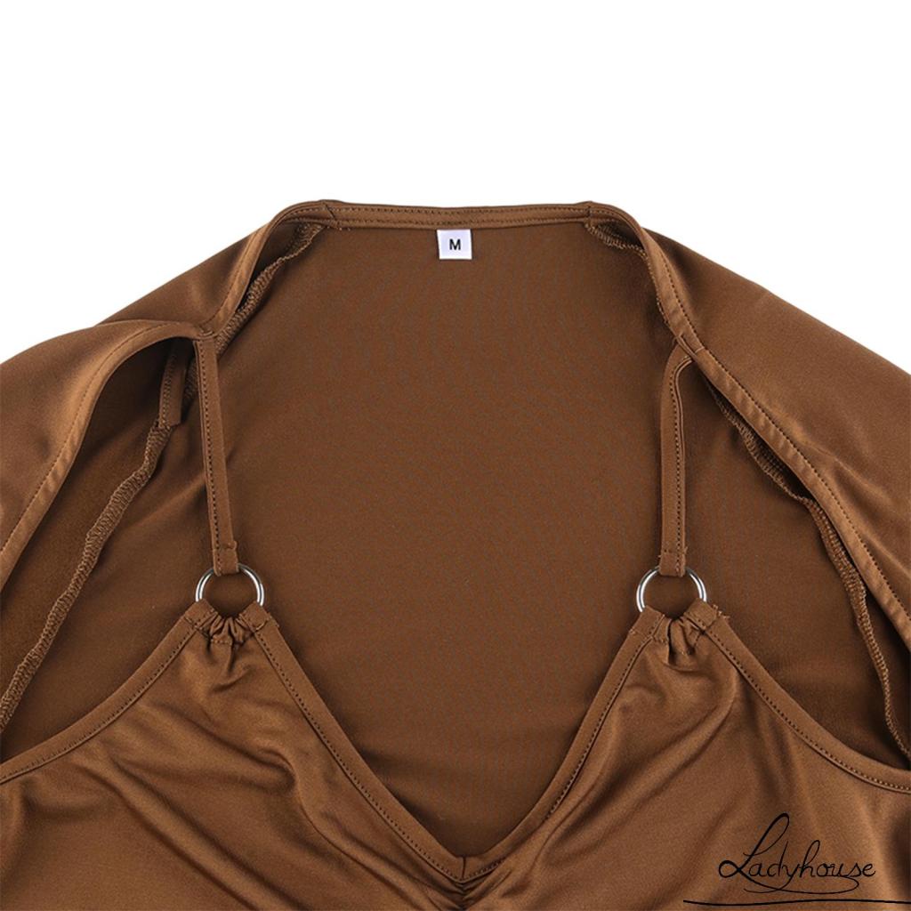 Áo Croptop Tay Dài Cổ Chữ V Màu Trơn Thanh Lịch Thời Trang Mùa Hè Cho Nữ