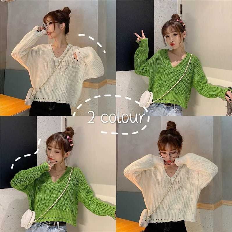 Áo Khoác Sweater Ngắn Dáng Rộng Cổ V Tay Dài Kiểu Hàn Quốc Thời Trang 2022 Cho Bạn Gái