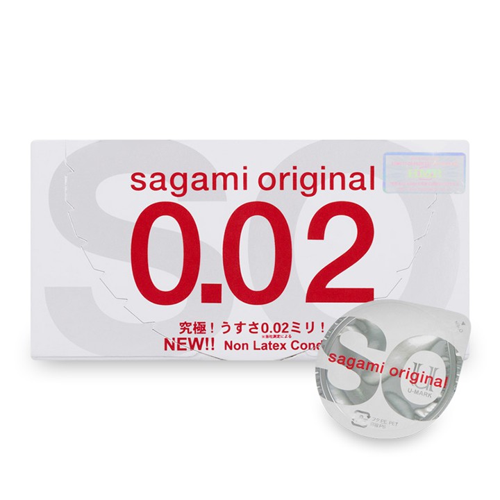 Bao cao su Sagami original 0.02 (mm) siêu mỏng nhất, chân thực nhật (hộp 2 chiếc)