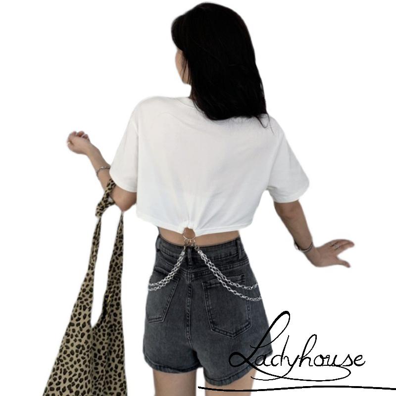 LD-Women Cropped Tops, Short Sleeve Round Collar Butterfly Letters Print Metal Chain Street Party Shirt hot girl sexy