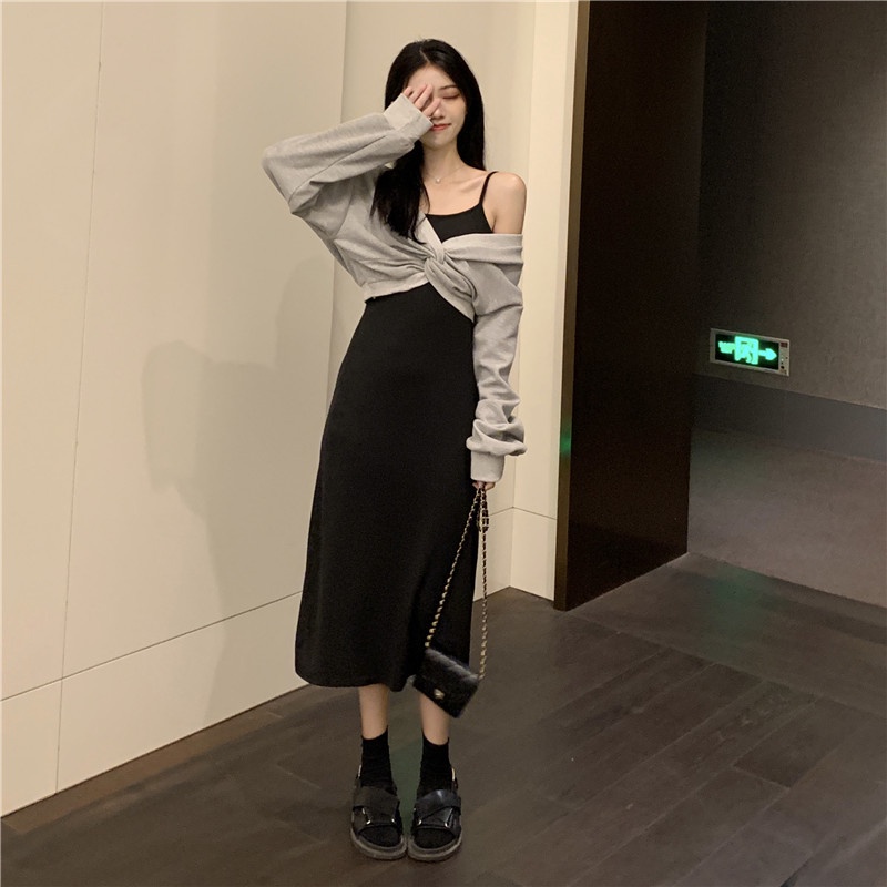 SUXI Set áo len tay dài dáng rộng + đầm hai dây thời trang mùa thu hàng mới