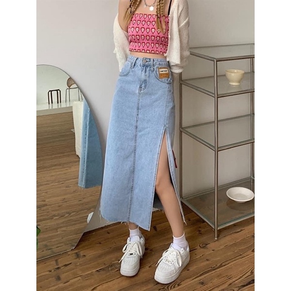 Chân Váy Jeans Dài Cạp Cao Xẻ Bên Phong Cách Ulzzang | BigBuy360 - bigbuy360.vn