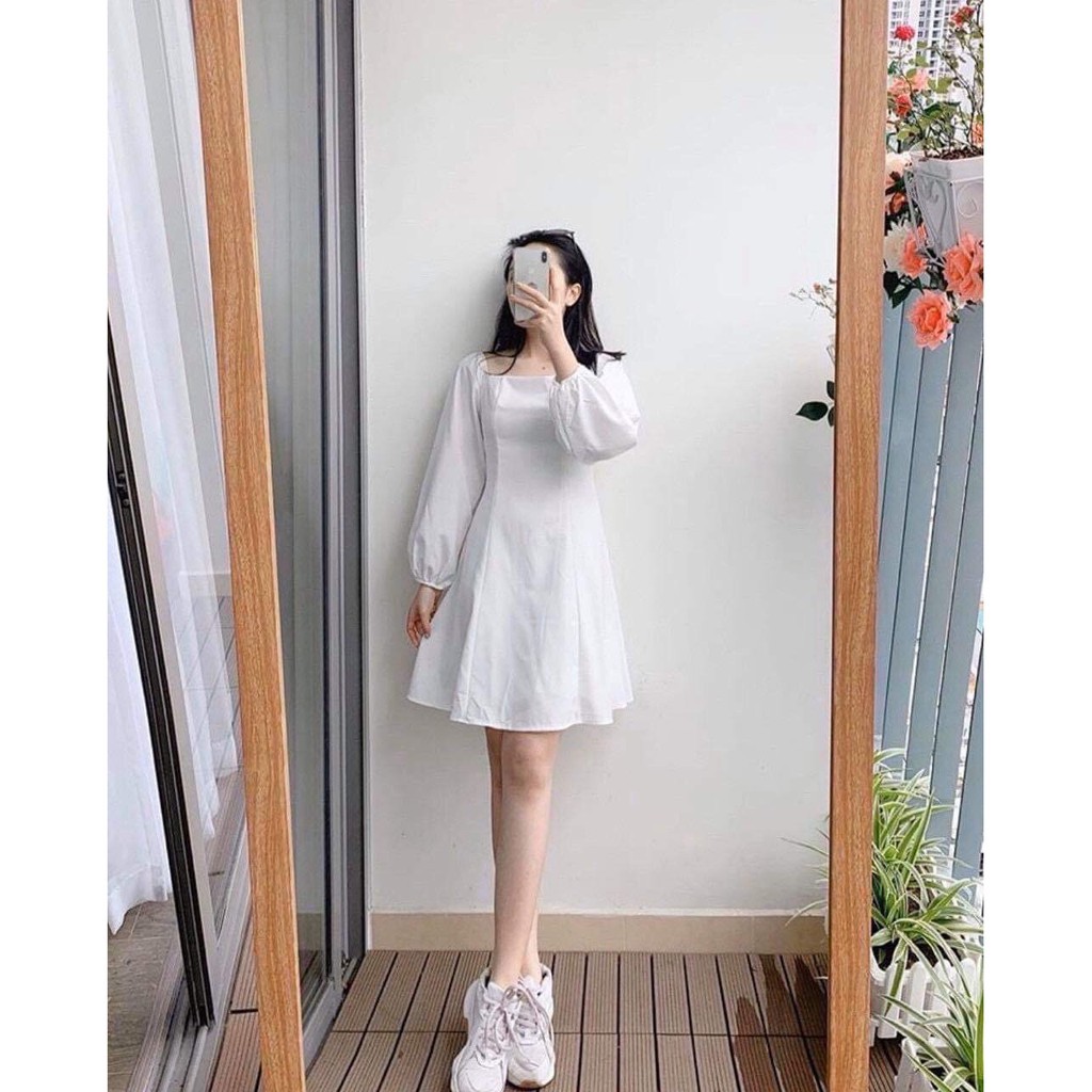 ĐẦM TRẮNG CỔ VUÔNG TAY BỒNG - VÁY TRỄ VAI DÀI TAY TRẮNG CHỮ A ULZZANG
