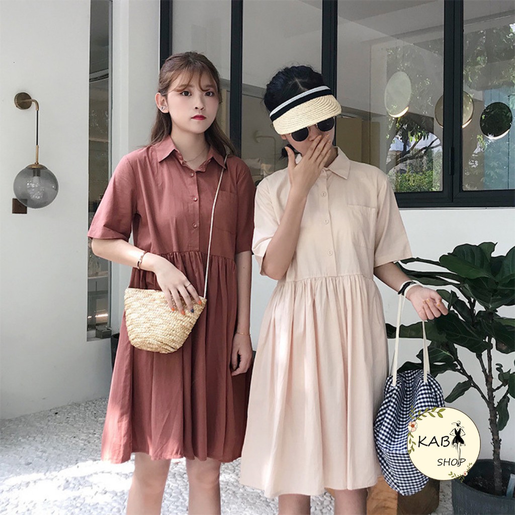 Váy babydoll Váy ULZZANG sơ mi cổ bẻ Hồng, Trắng thời trang 2021