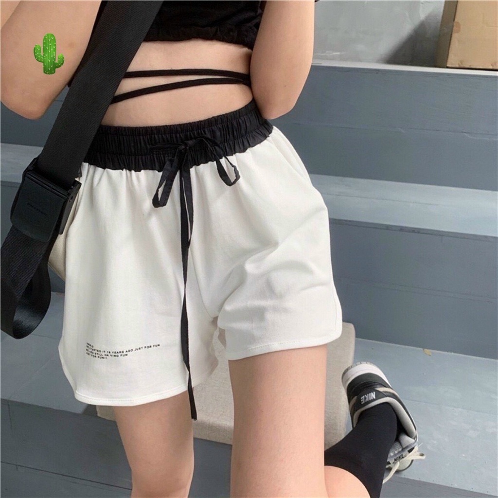 quần short thun đùi phối màu bảng eo thêu chữ p