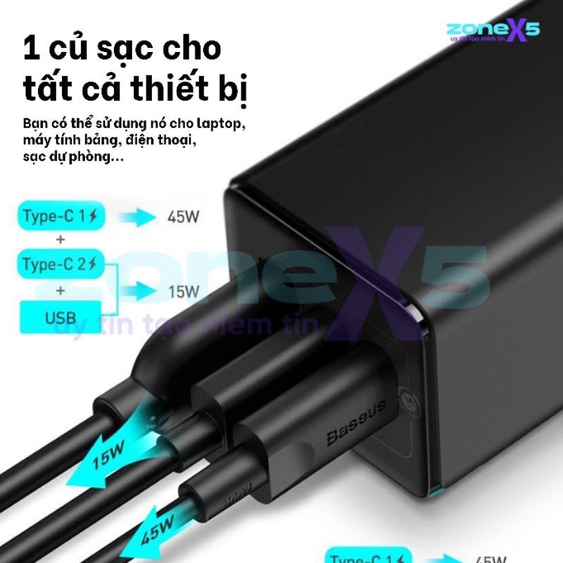 Củ Sạc Nhanh Baseus 65W GaN 2 Pro Cho Laptop Macbook iPad iPhone Samsung - Power Delivery 3.0, Quick Charge 3.0